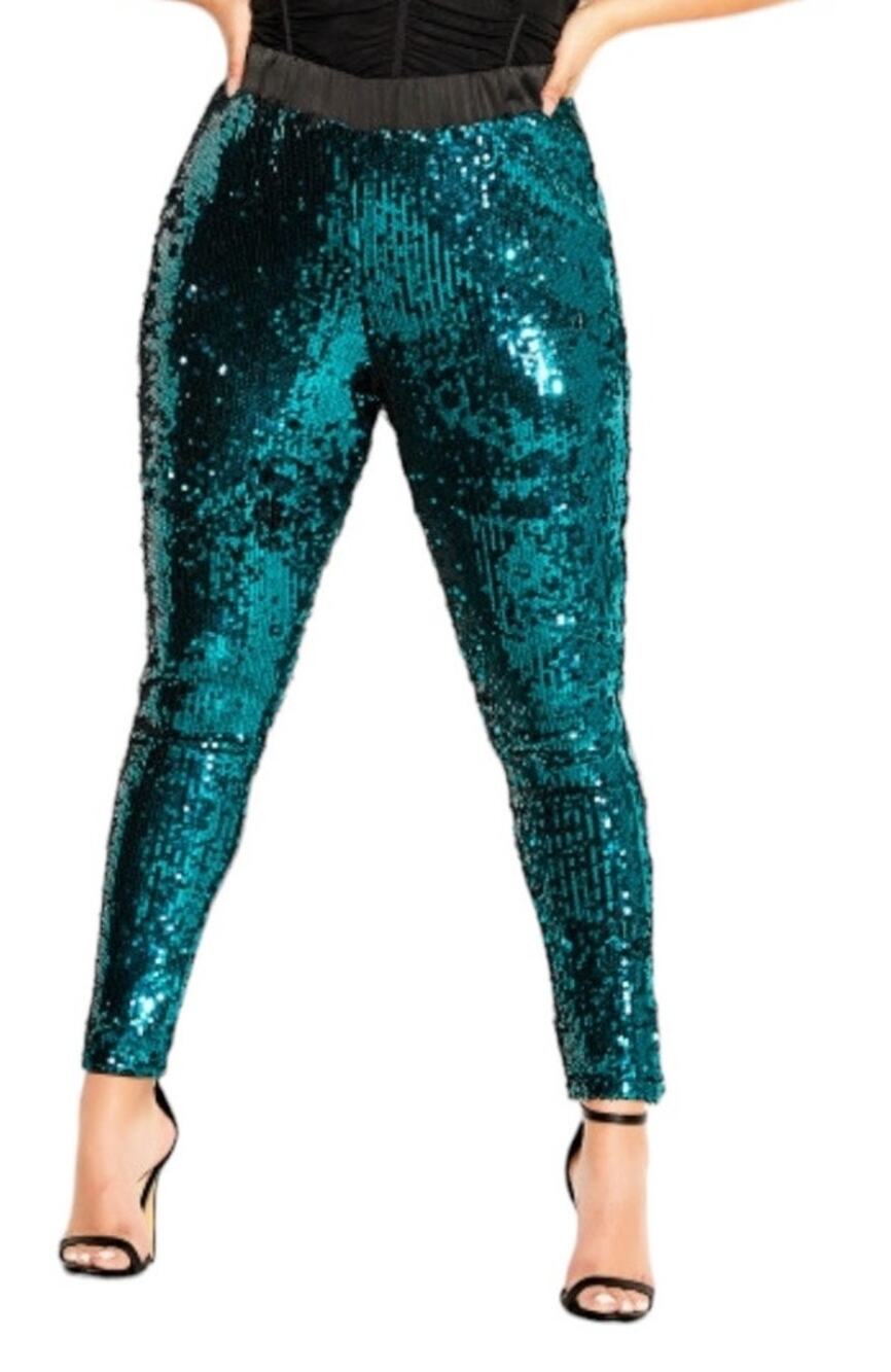City Chic pants Sequin Party pull on green size XS 14
